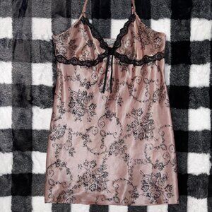 Vintage Y2K Linea Donatella Pink Floral Satin Slip Dress Black Lace Large